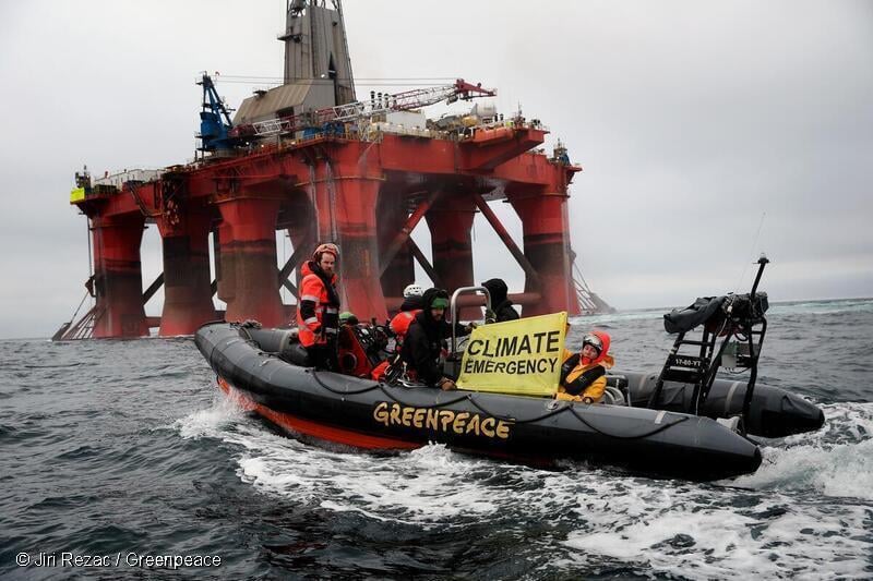 Activists on Boat alongside BP Oil Rig in the North Sea